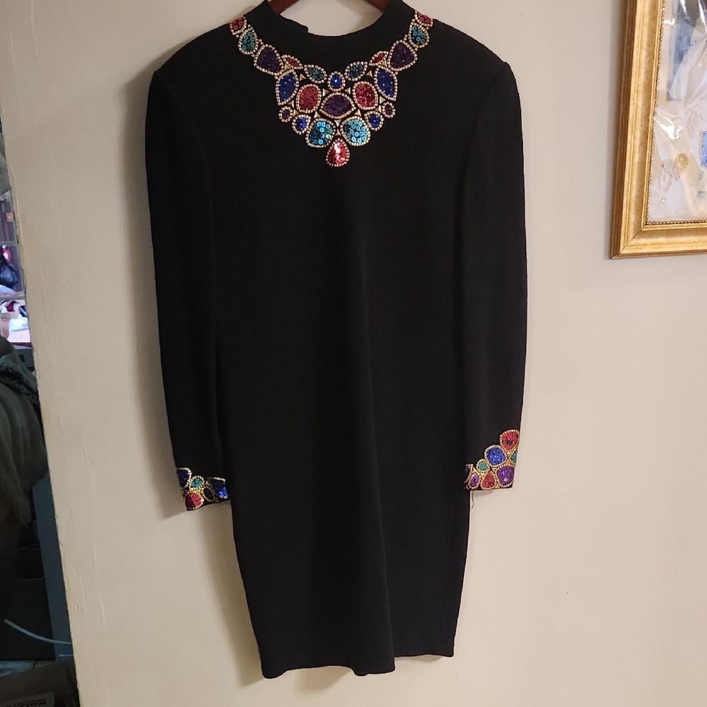 Elegant Black Dress with Colorful Embellishments